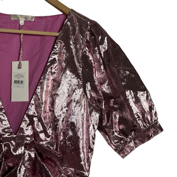 LoveShackFancy Pink Metallic Gabriella Lame Puff Sleeve Bow Mini Dress Size L - Picture 5 of 13